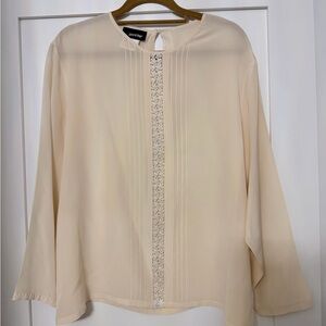 Vintage 1970s Panther pleated lace center long-sleeve blouse beige Silk Size 16